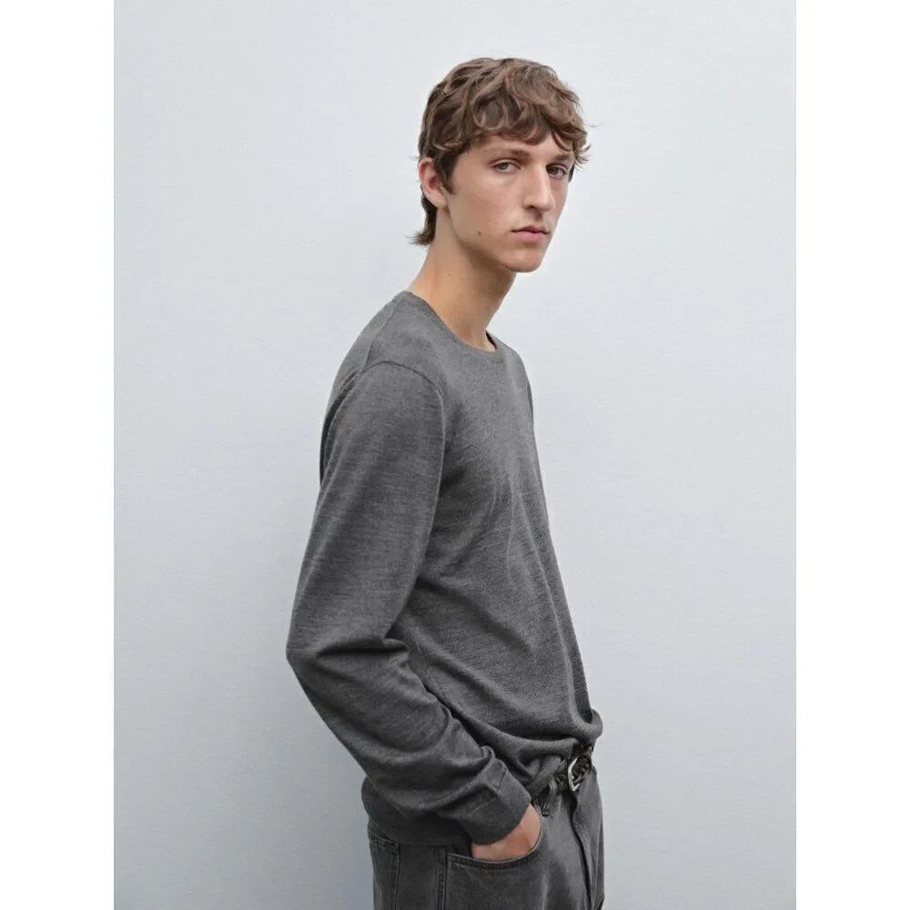 Massimo Dutti Men Sweater S Gray Crewneck Merino Wool Long Sleeve 0932/340 NWOT